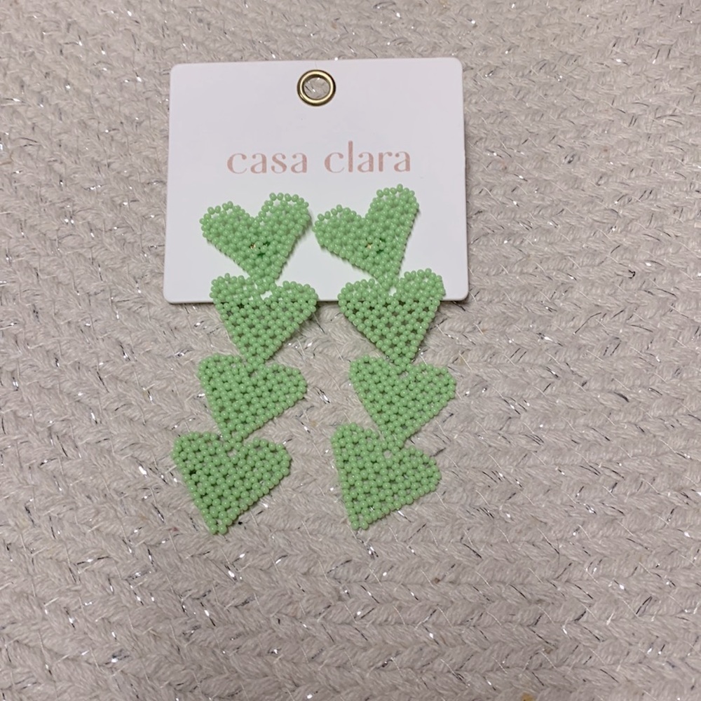 Anthropologie Casa Clara Baja Cactus Drop Earring New Green Hearts Beaded 3 Inch — image 3 of 4